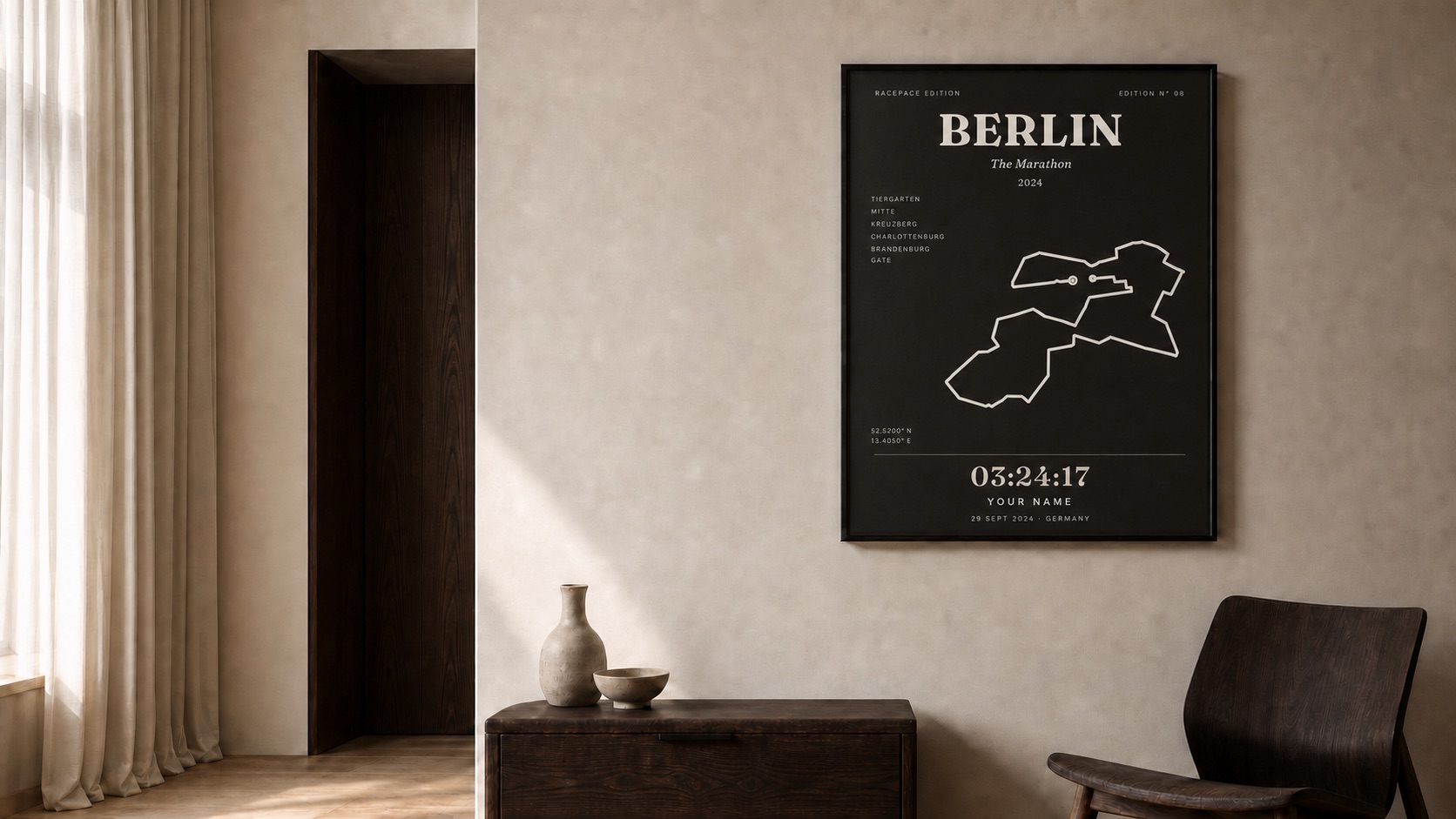 A framed Berlin marathon edition in a warm, minimal interior.
